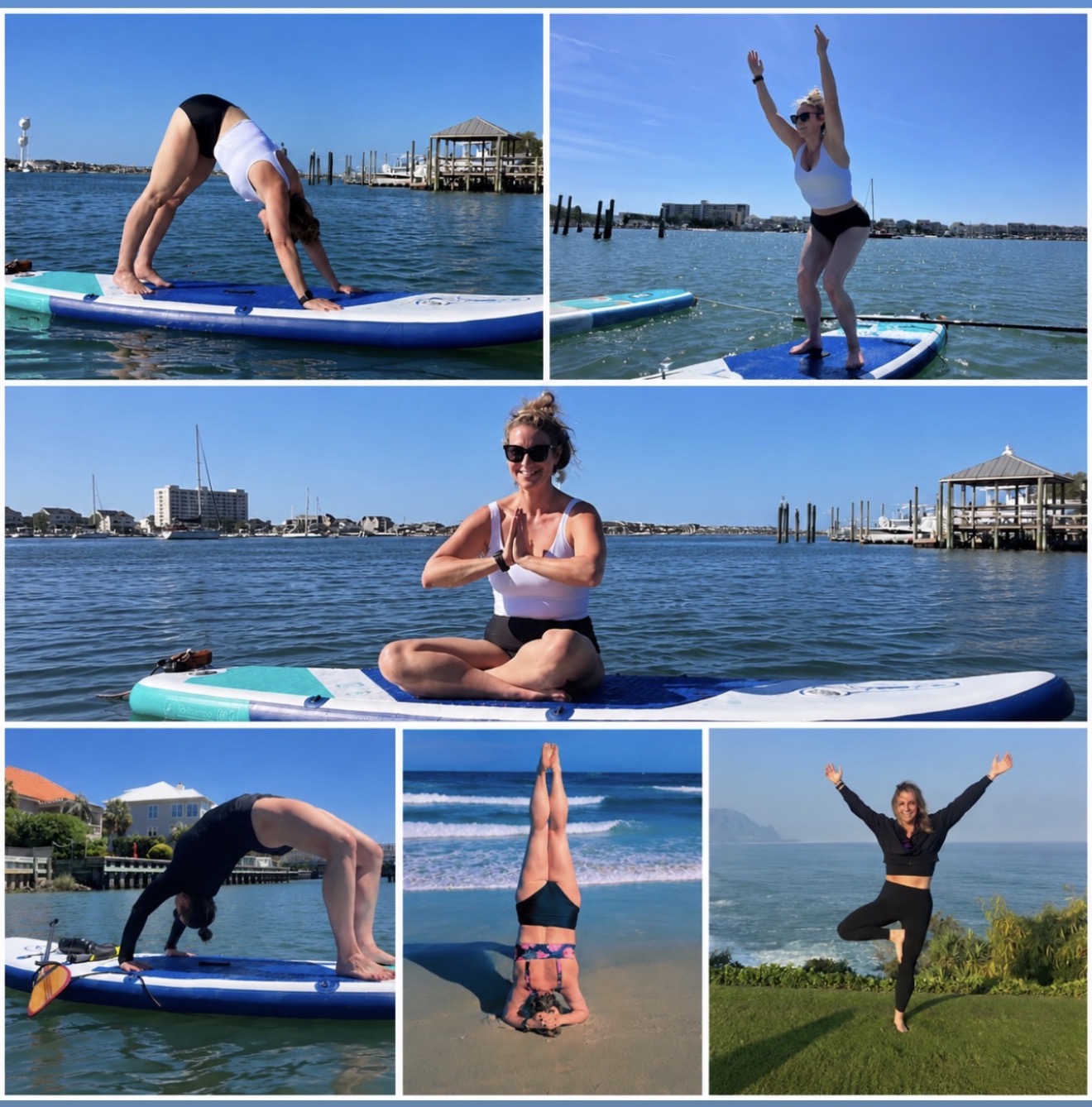Christina DiNoto practicing SUP yoga and yoga poses on the water and beach