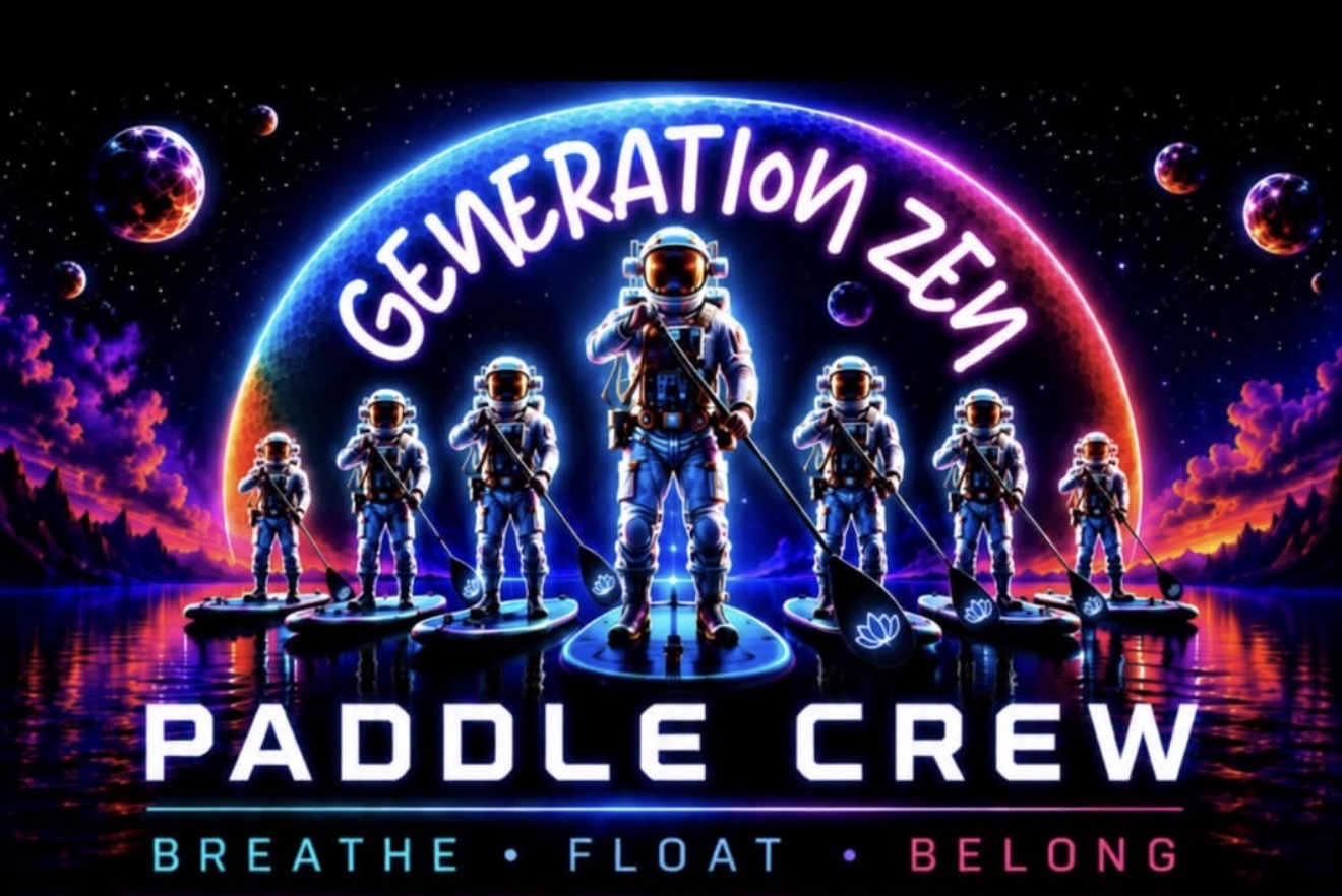 Generation Zen Paddle Crew artwork — astronauts paddling under a neon moon with the words Breathe, Float, Belong