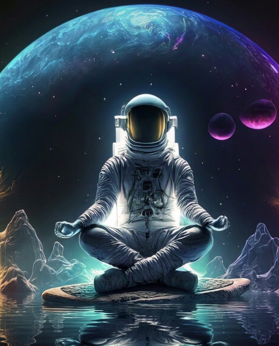 Astronaut meditating in lotus pose in front of a glowing neon planet — Generation Zen artwork